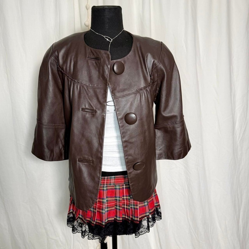 Terry Lewis Brown Genuine Leather 3/4 Flared Sleeve Jacket XS